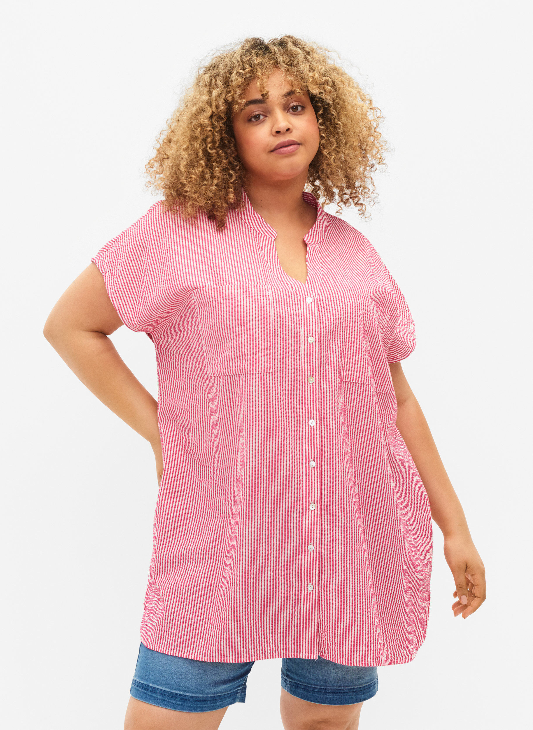 ZizziKatoenen overhemd met korte mouwen en strepen, Beetroot P. Stripe, Model image number 0