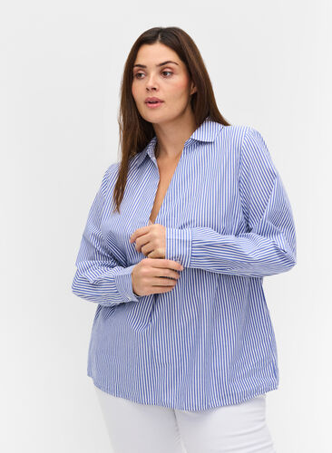 Gestreept overhemd van biologisch katoen, Dazzling Blue Stripe, Model image number 0
