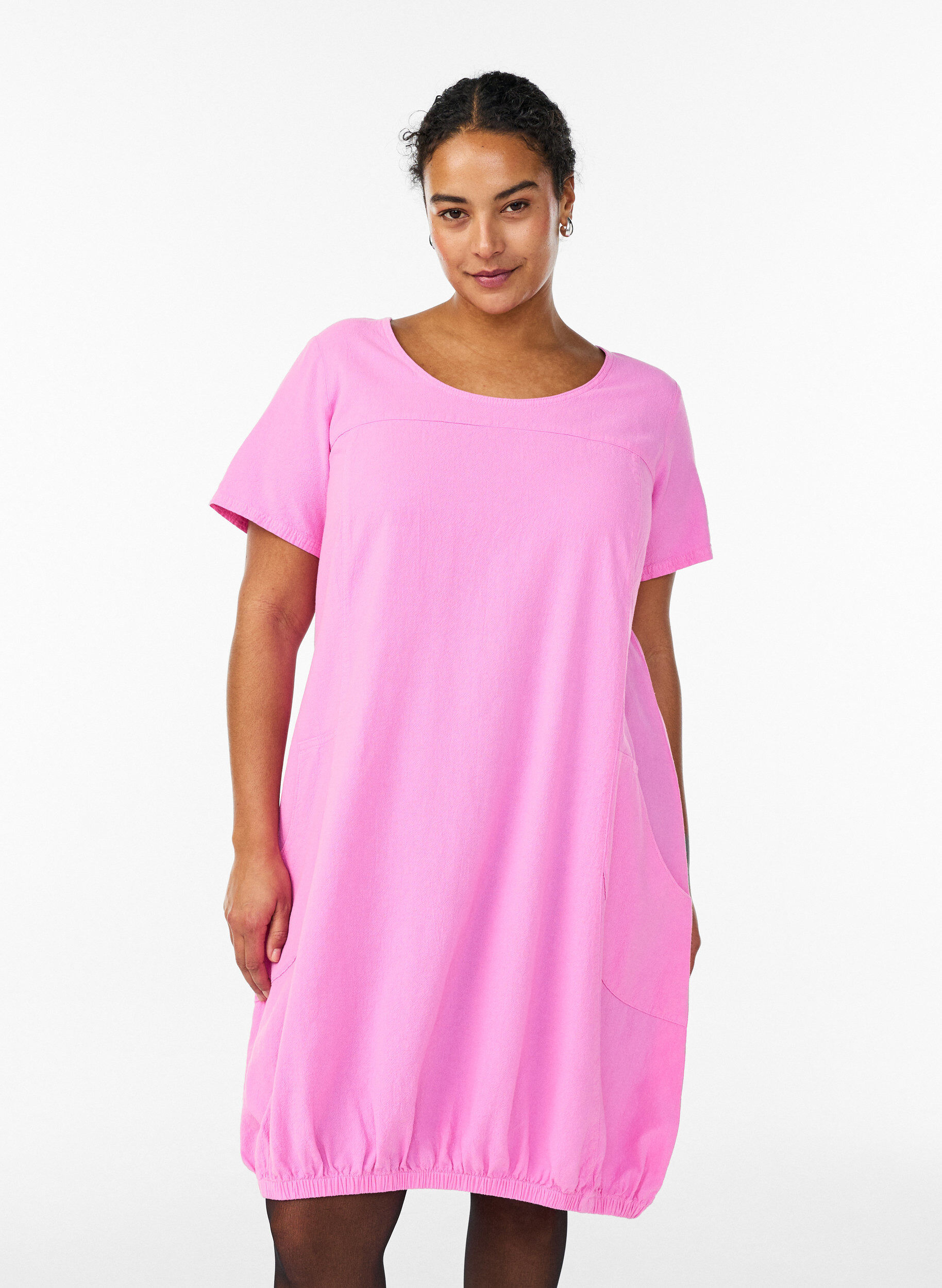 Katoenen jurk met korte mouwen, Roze, Model