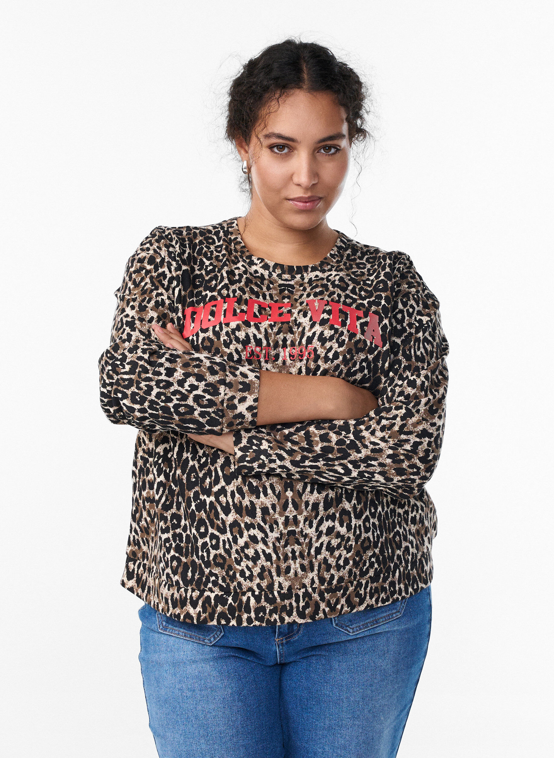 Sweatshirt met luipaardprint en statementprint, Bruin, Model