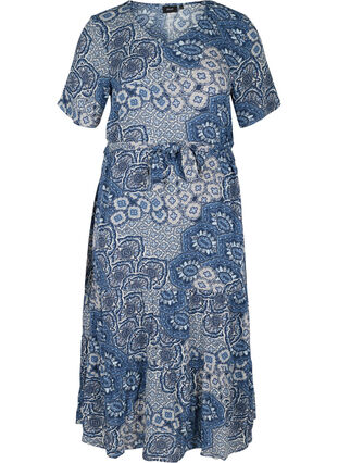 Midi-jurk met korte mouwen in viscose, Asian Blue Print, Packshot image number 0