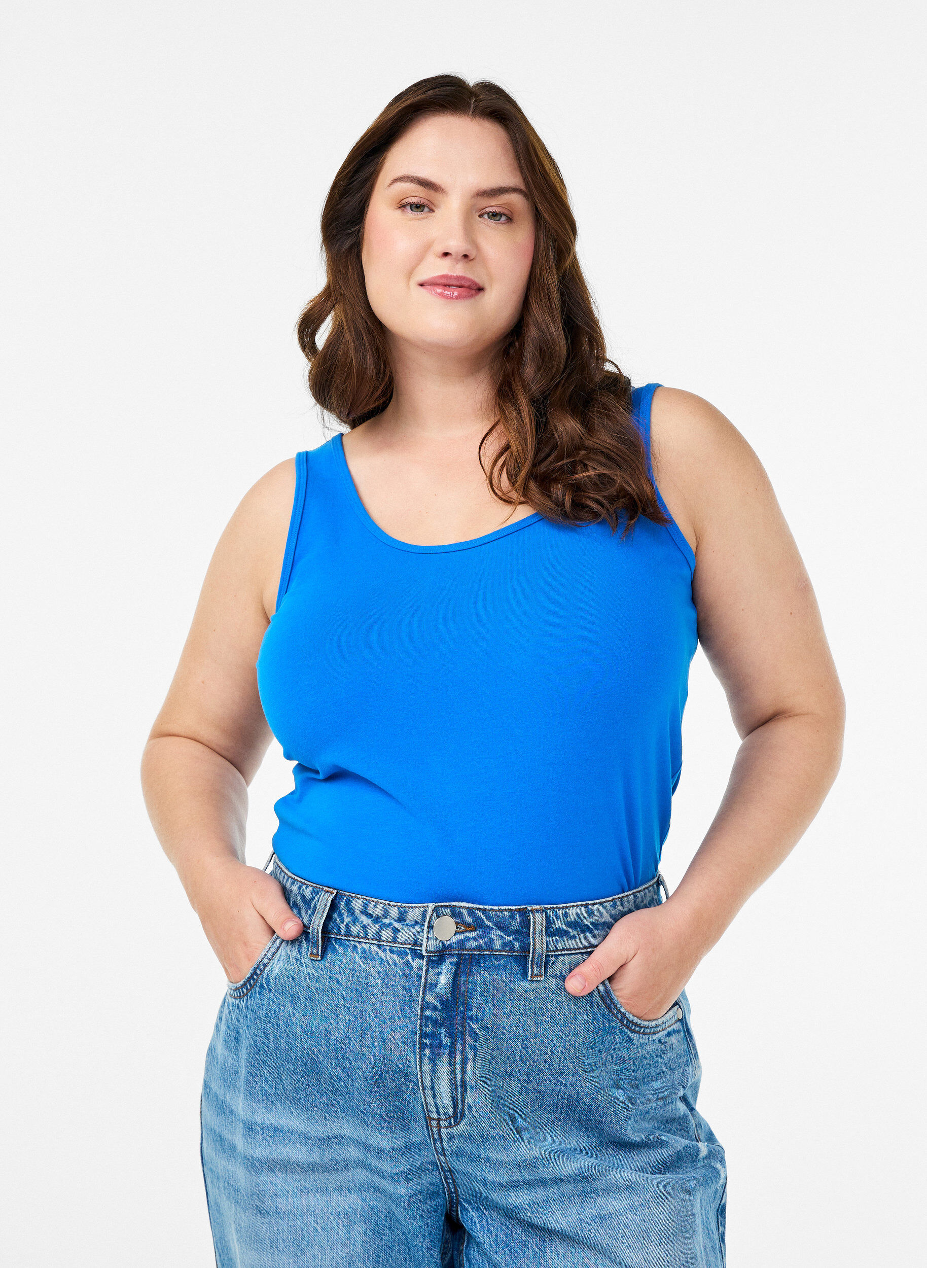 Solide kleur basis top in katoen, Blauw, Model