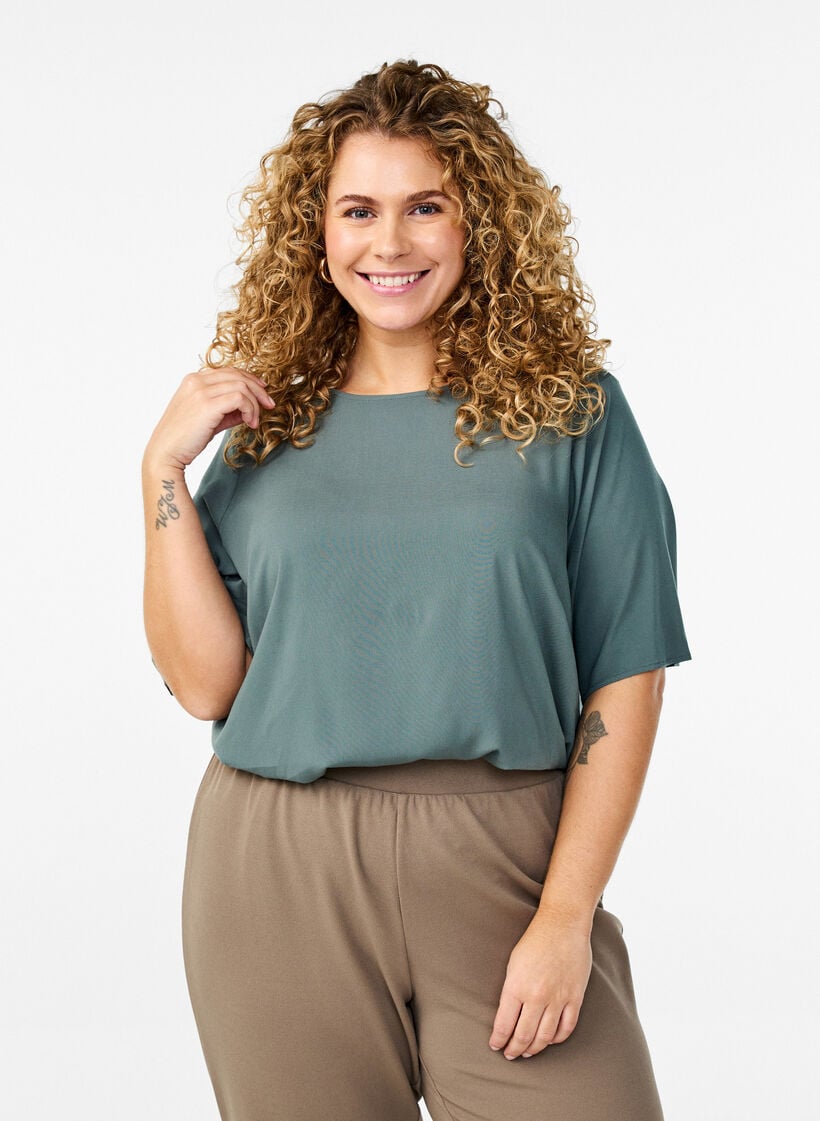 Geweven blouse met korte mouwen en ronde hals, Groen, Model image number 0