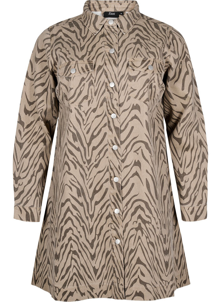 Denimjurk met lange mouwen en zebraprint, Brown Zebra AOP, Packshot image number 0