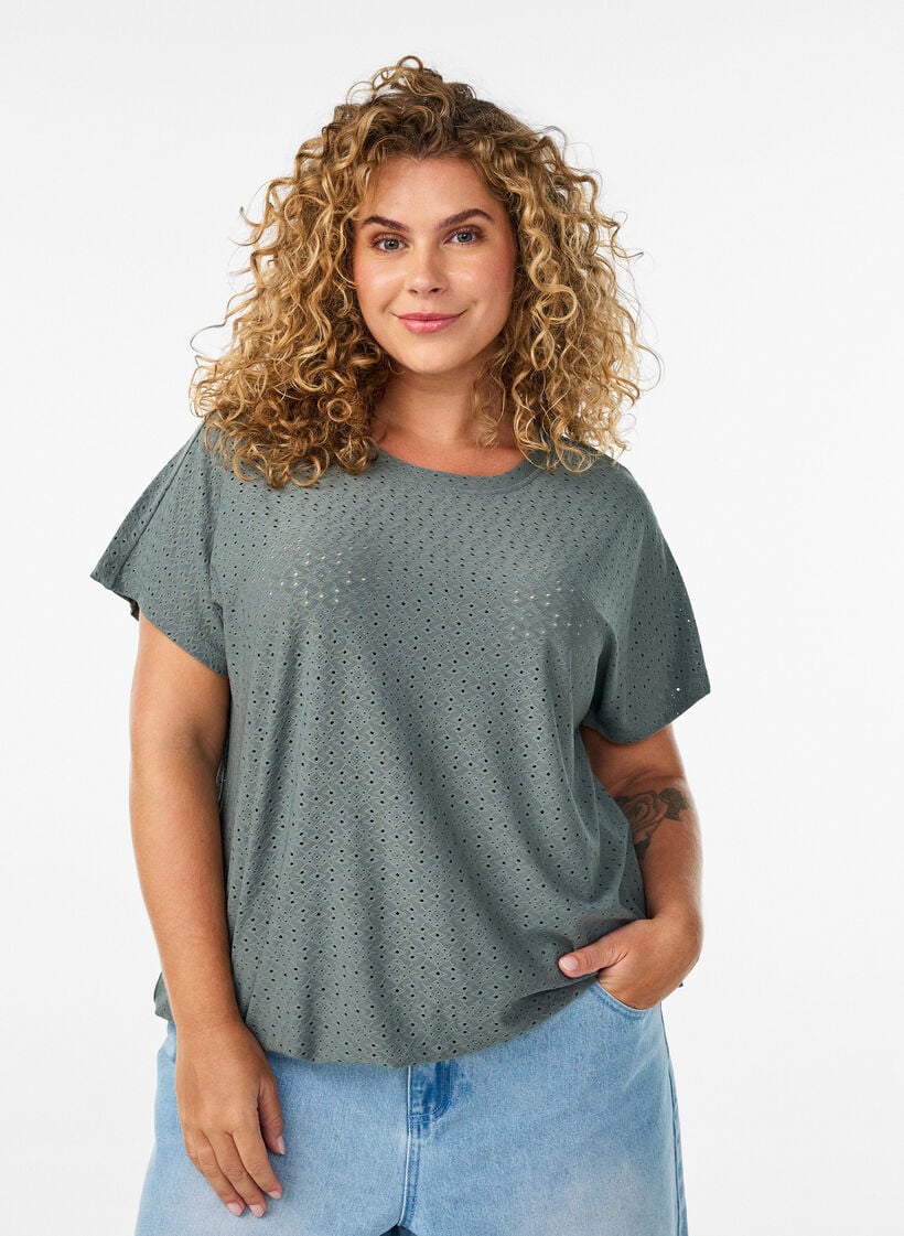 Blouse avec broderie ajour&eacute;e et effet ballon, Vert fonc&eacute;, Model image number 0