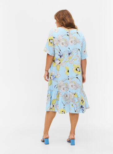 Gebloemde viscose jurk met korte mouwen, Light Blue AOP, Model image number 1