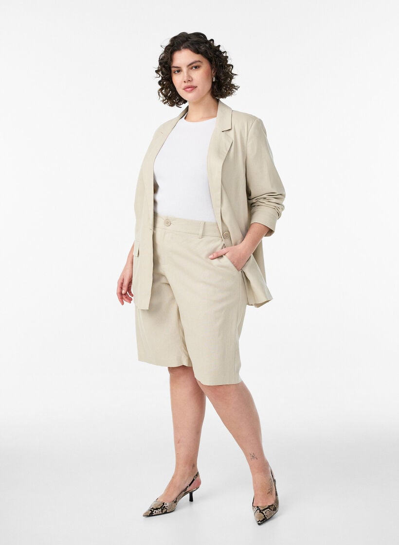 Blazer in linnen en viscose met revers en zakken, Beige, Model image number 1