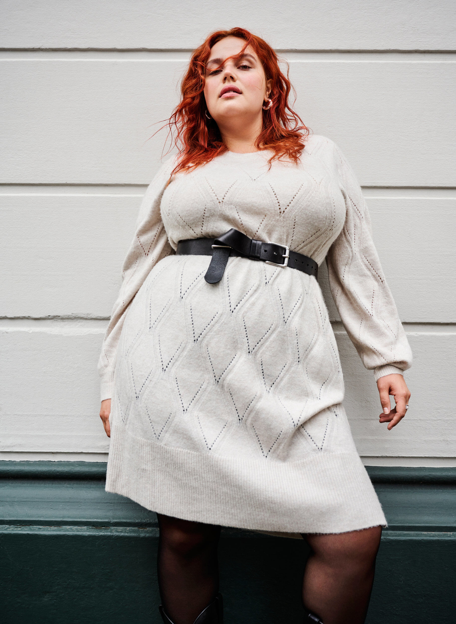 Zizzi Robe en maille ajour&eacute;e &agrave; manches longues, Birch Mel., Image image number 0