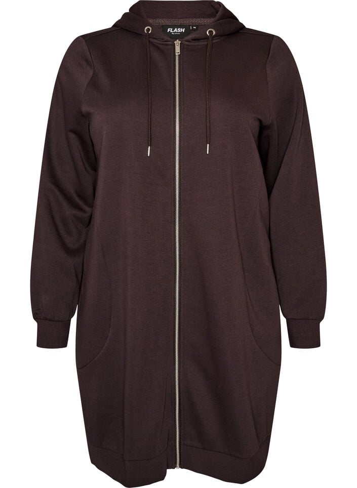 Lange hoodie met ritssluiting en zakken, Bruin, Packshot image number 0