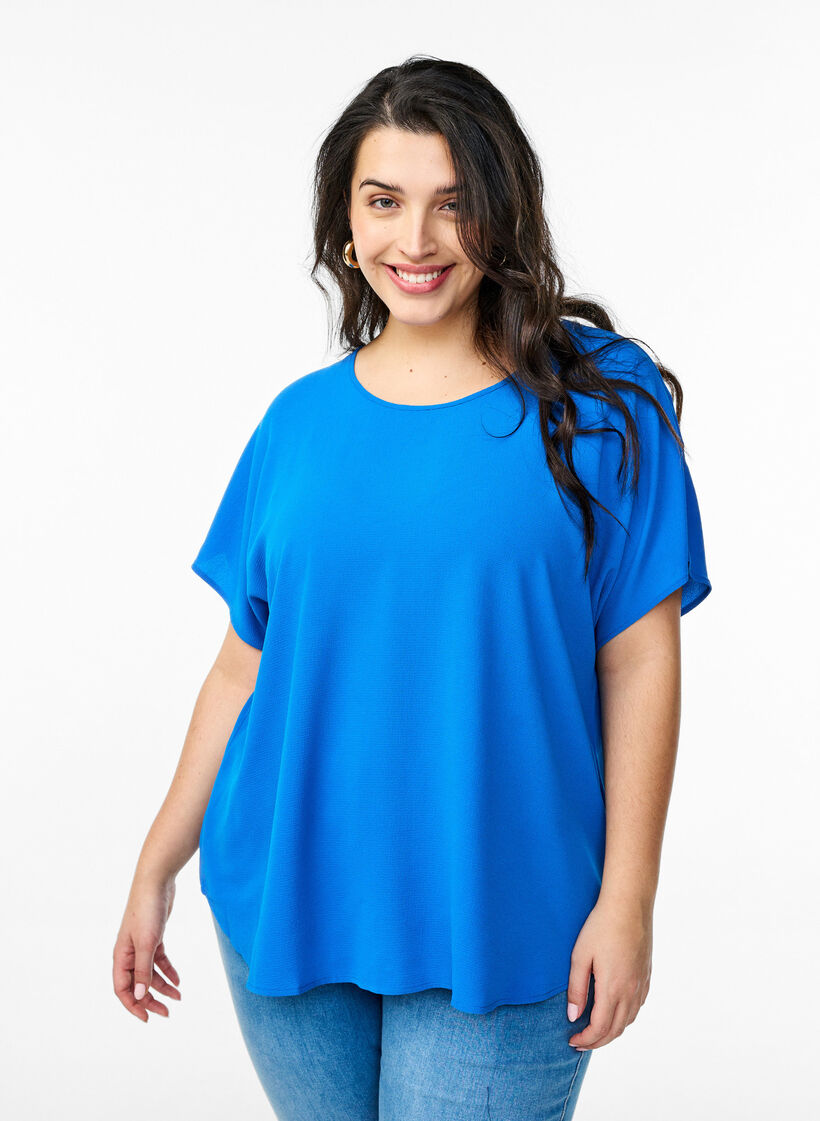 Blouse met korte mouwen en een ronde halslijn, Blauw, Model image number 0