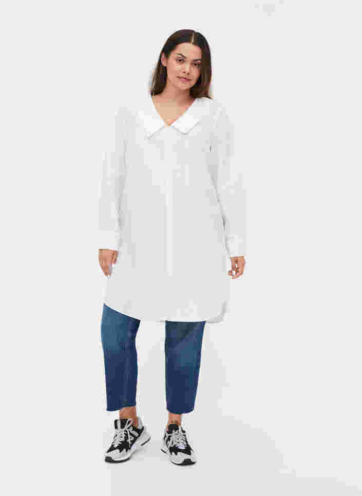 Chemise longue en coton à grand col, Bright White, Model image number 2