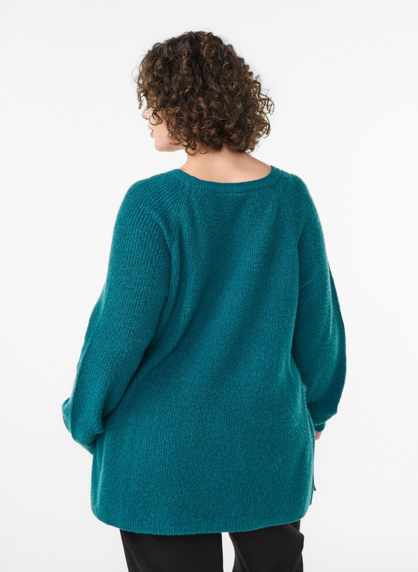 Pull en maille à motif diagonal et manches raglan, Vert, Model image number 2