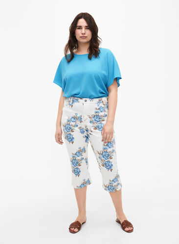 Amy capri jeans met hoge taille en bloemenprint, White B.AOP, Model image number 0