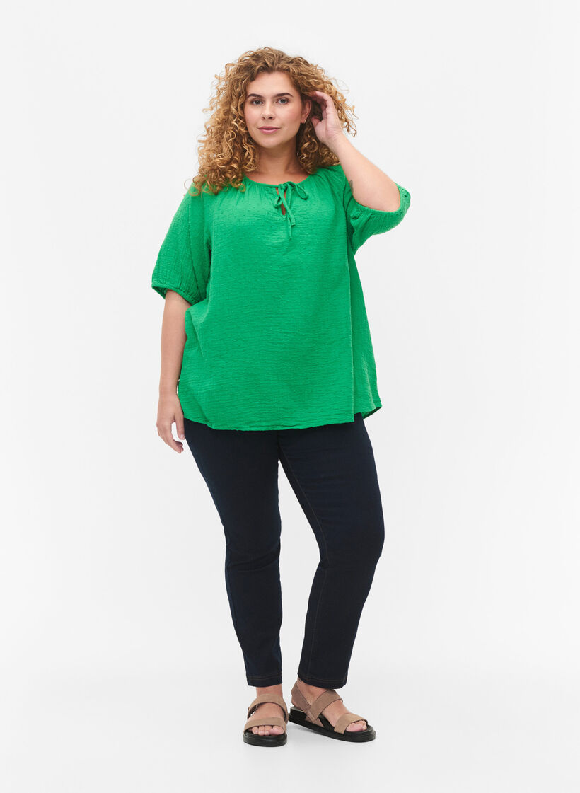 Katoenen blouse met korte mouw, Bright Green, Model image number 2