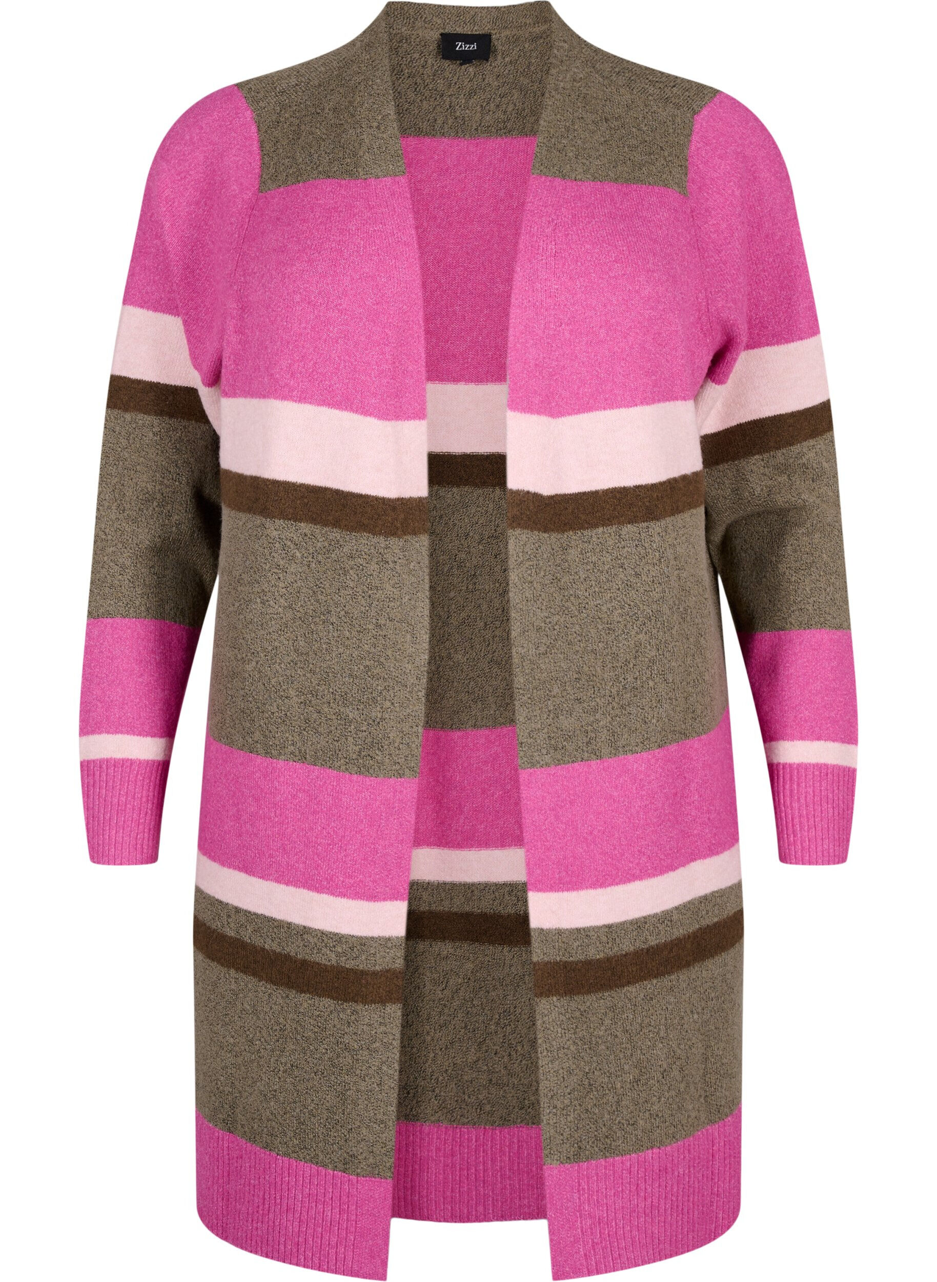 Zizzi Cardigan long en tricot avec rayures larges, Rose, Packshot image number 0