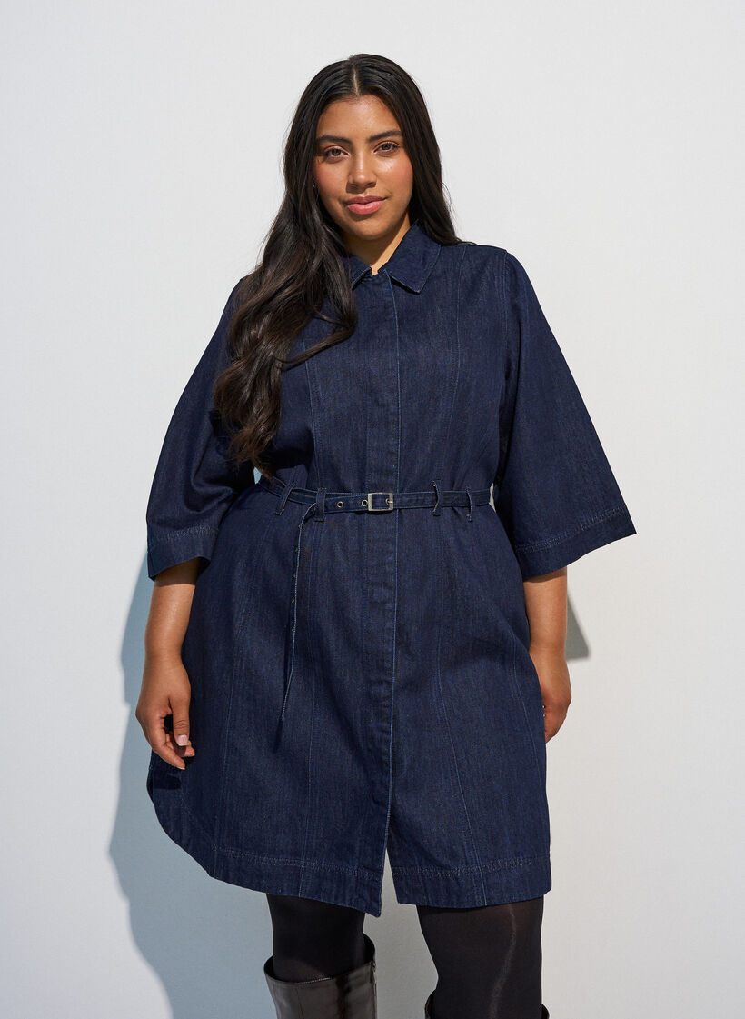 Denimjurk met riem en 3/4-mouwen, Blauw, Model image number 0