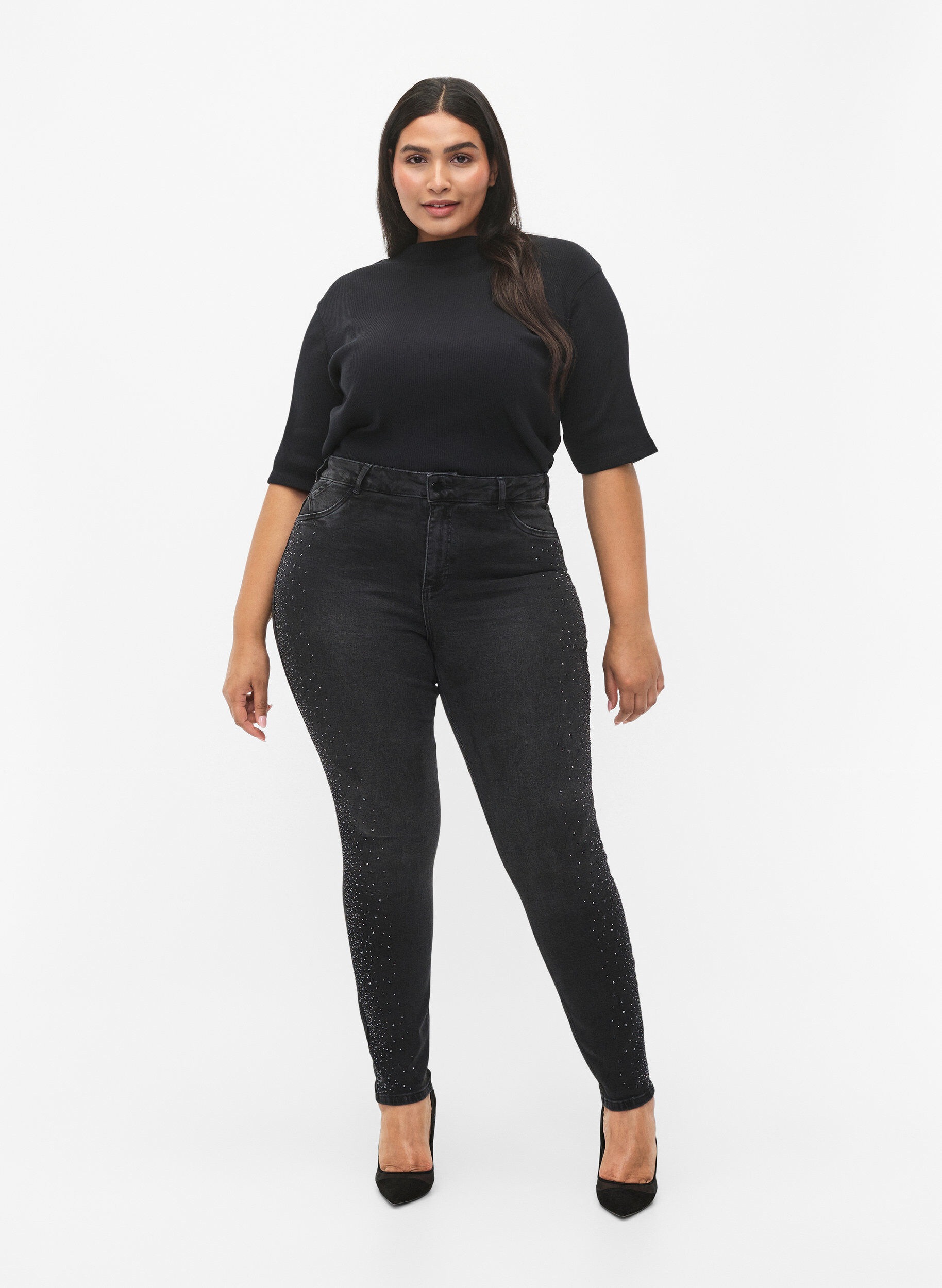 Zizzi Amy jeans met hoge taille en strassteentjes, Grey Denim, Model image number 0