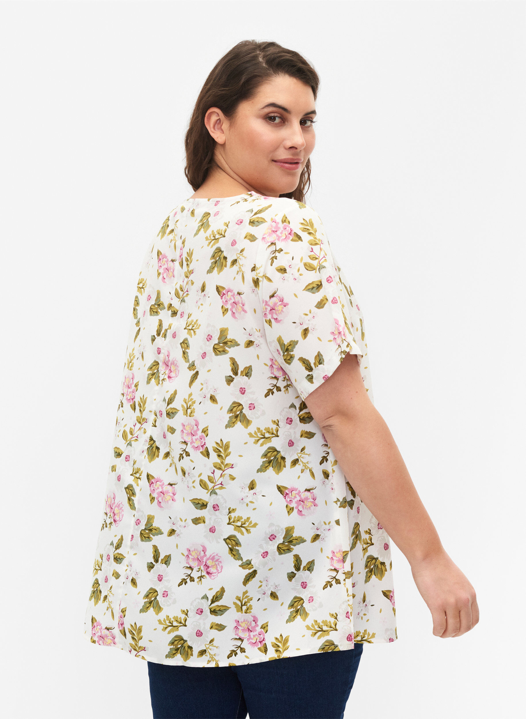 Zizzi	 FLASH - Blouse met korte mouwen en print, Off White Flower, Model image number 1