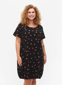 Katoenen jurk met korte mouwen en print, Black/Brown Dot, Model