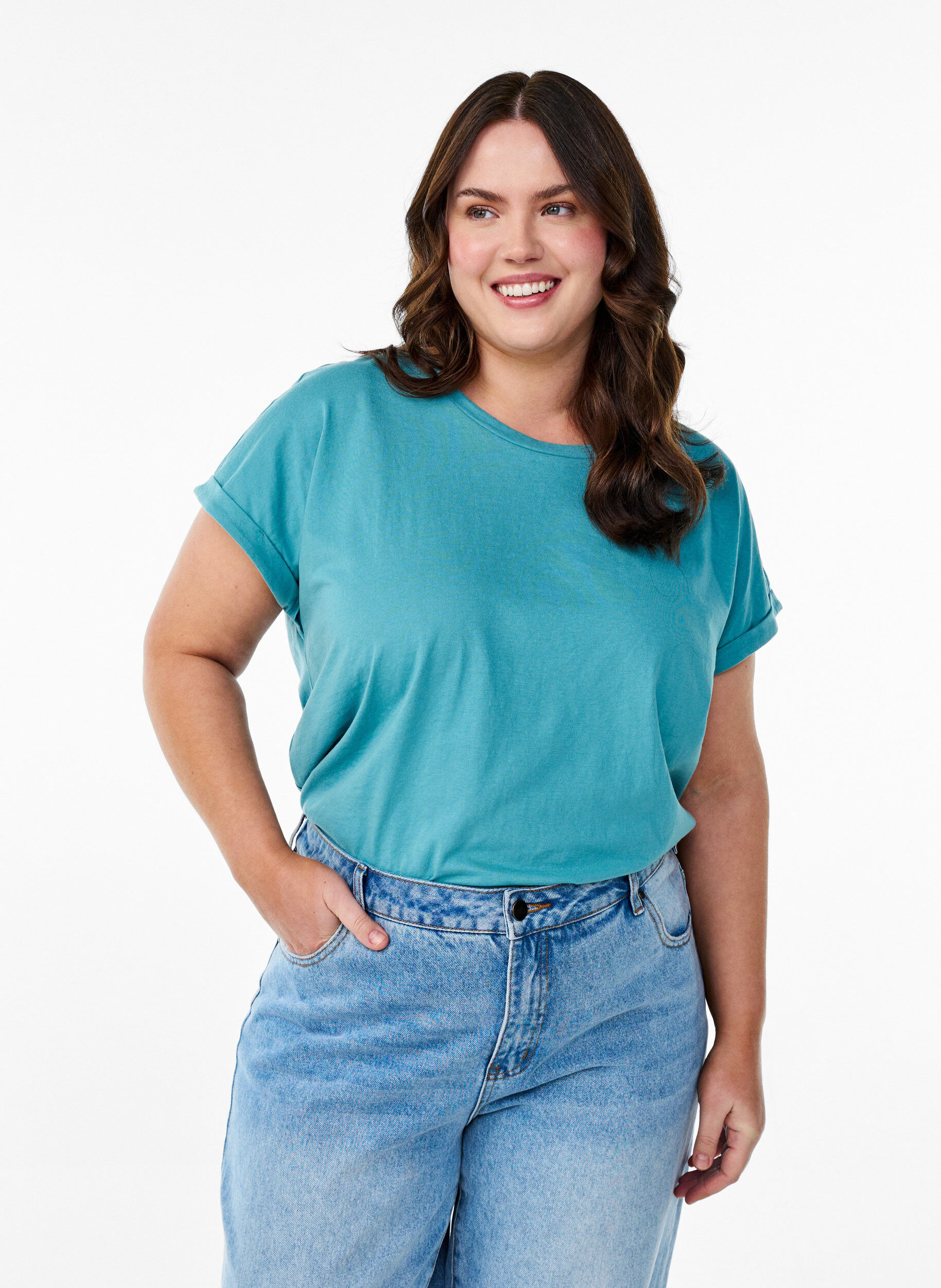 Zizzi T-shirt &agrave; manches courtes en m&eacute;lange de coton, Bleu, Model image number 0