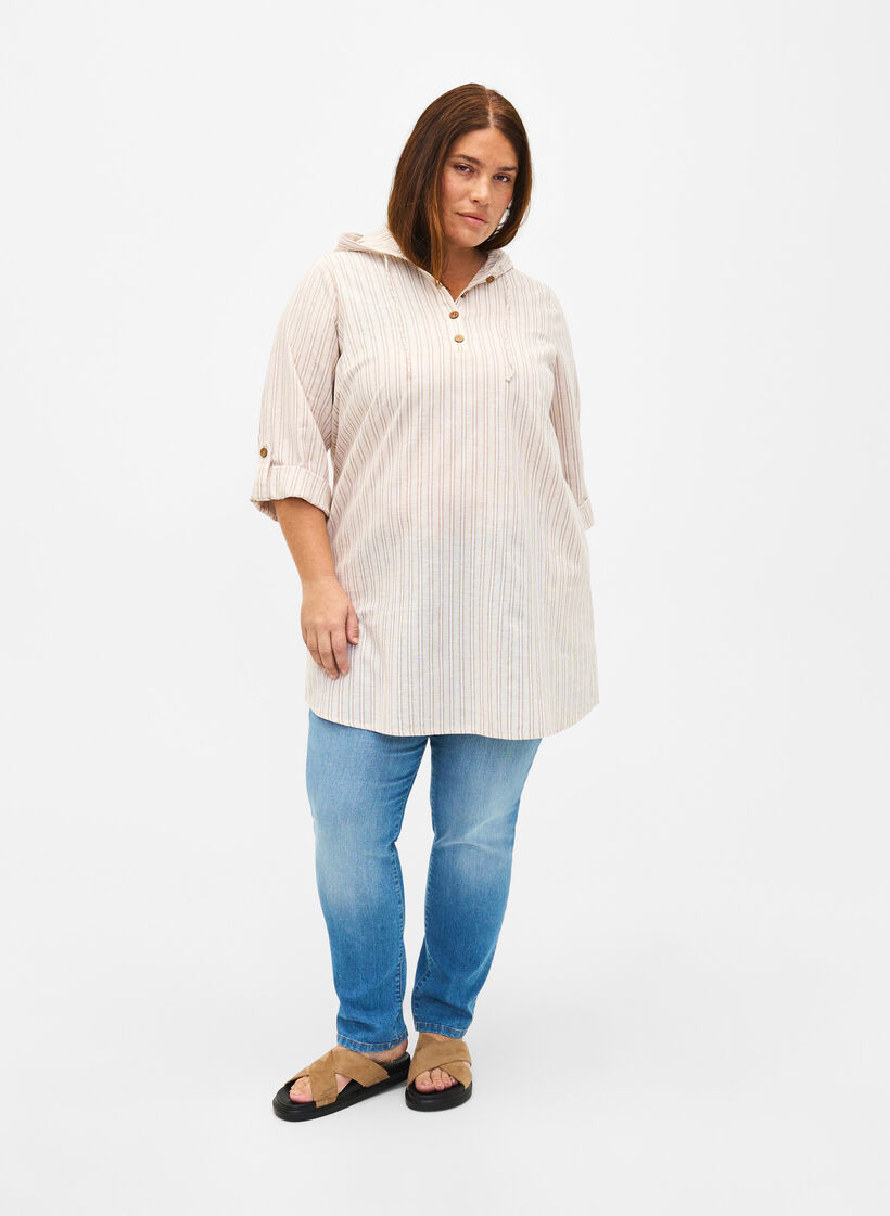 Tunique à capuche en coton et lin, Wh. Sandshell Stripe, Model image number 3