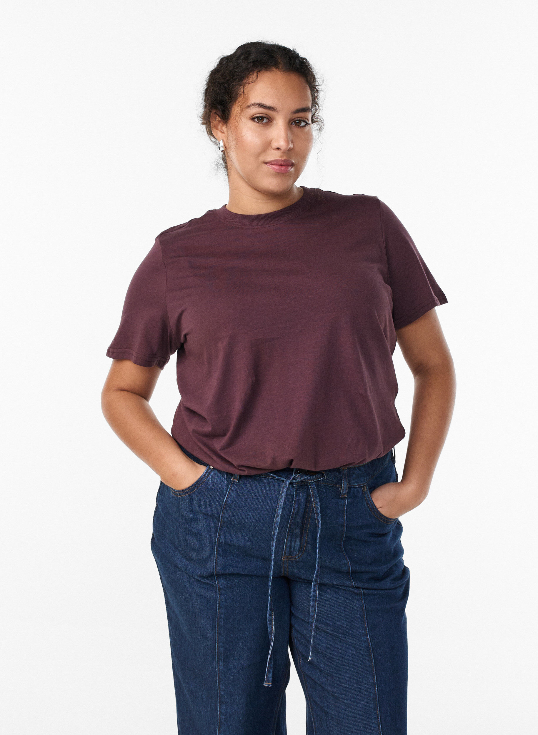 ZizziBasic katoenen T-shirt met ronde hals, Donker Bordeaux, Model image number 0