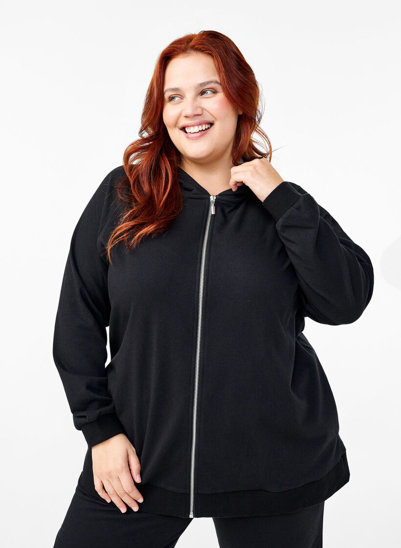 Cardigan en sweat avec une capuche et des poches, Noir, Model image number 0
