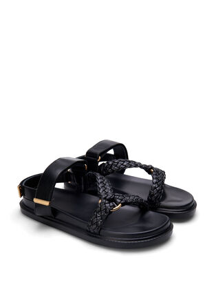 Leren sandaal met gevlochten bandjes en brede pasvorm, Black, Packshot image number 1