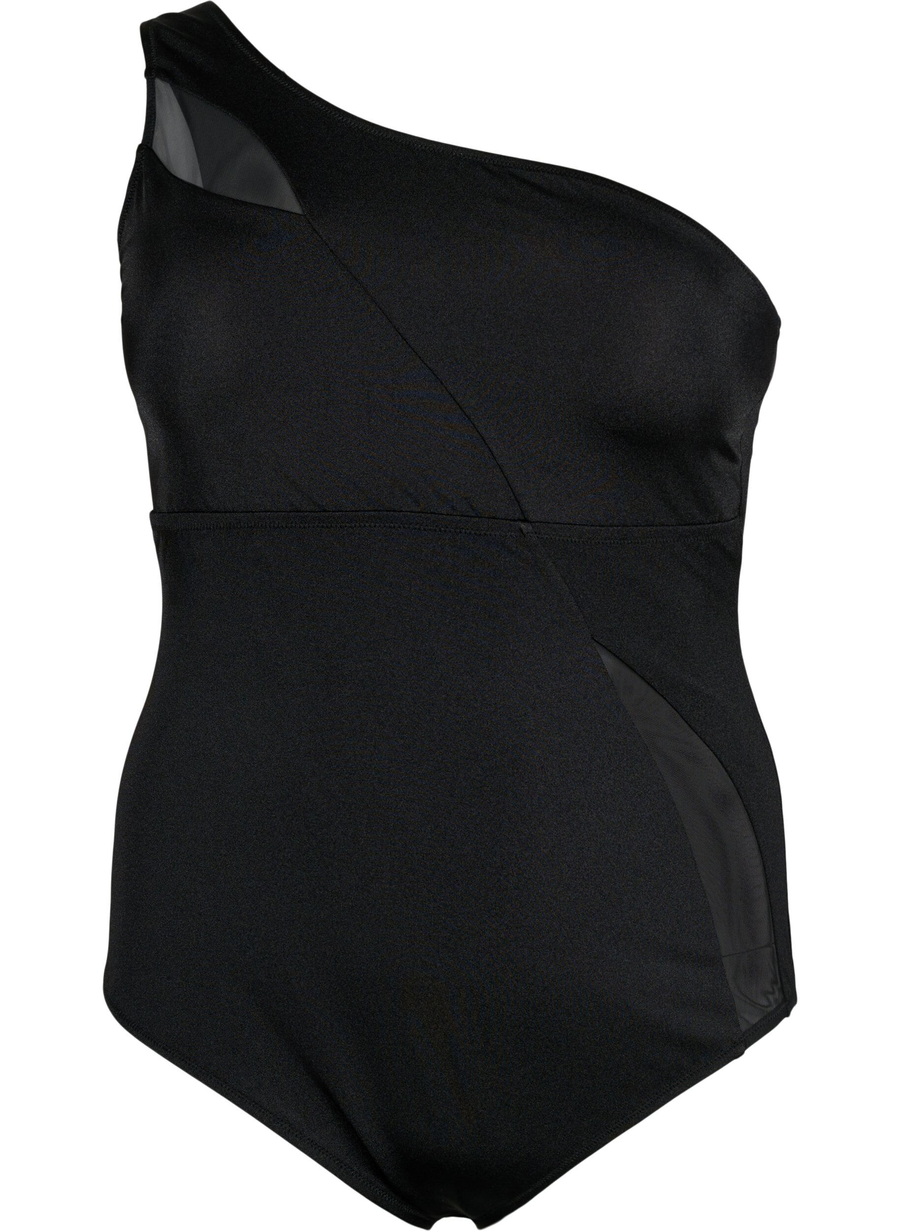 Zizzi Maillot de bain &agrave; une &eacute;paule avec d&eacute;tails en mesh, Black, Packshot image number 0