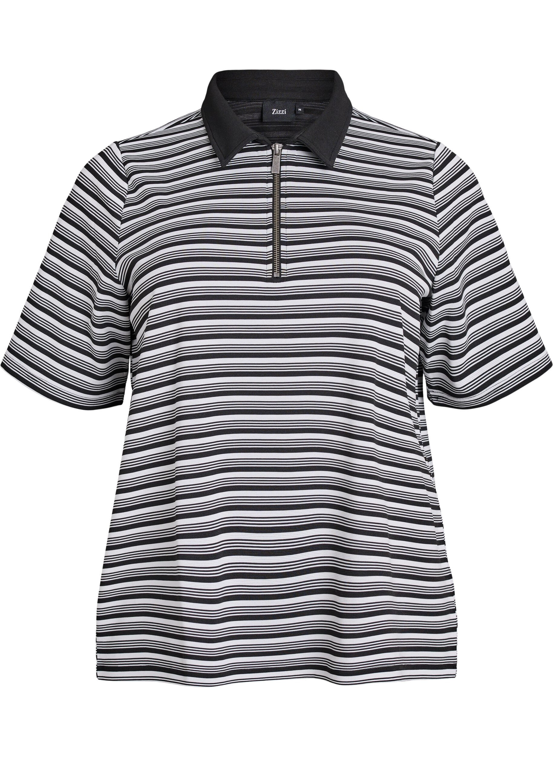 ZizziGestreept poloshirt met korte mouwen en rits, Zwart, Packshot image number 0
