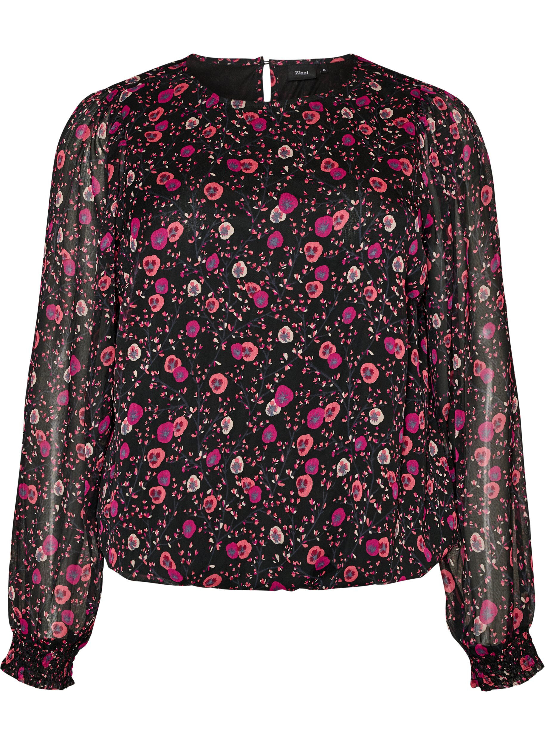 Blouse fleurie en mousseline &agrave; manches transparentes