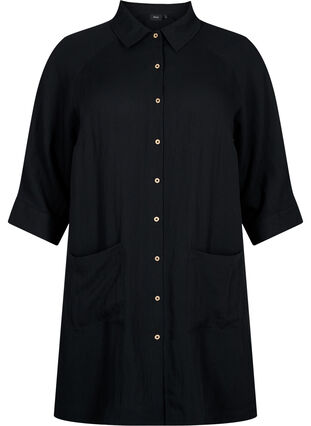 Chemise longue en viscose avec poches et manches 3/4, Black, Packshot image number 0