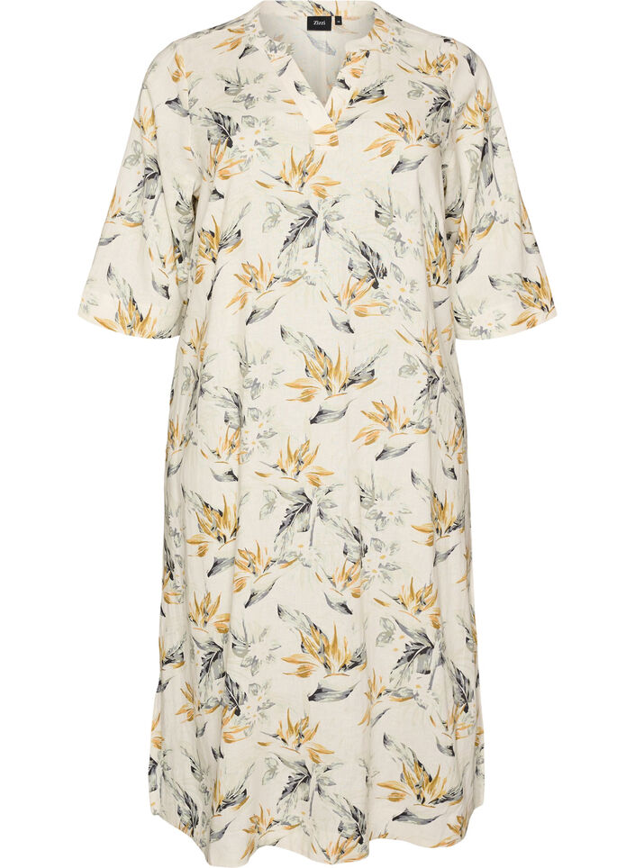 Robe midi en lin et viscose avec manches mi-longues, Blanc, Packshot image number 0