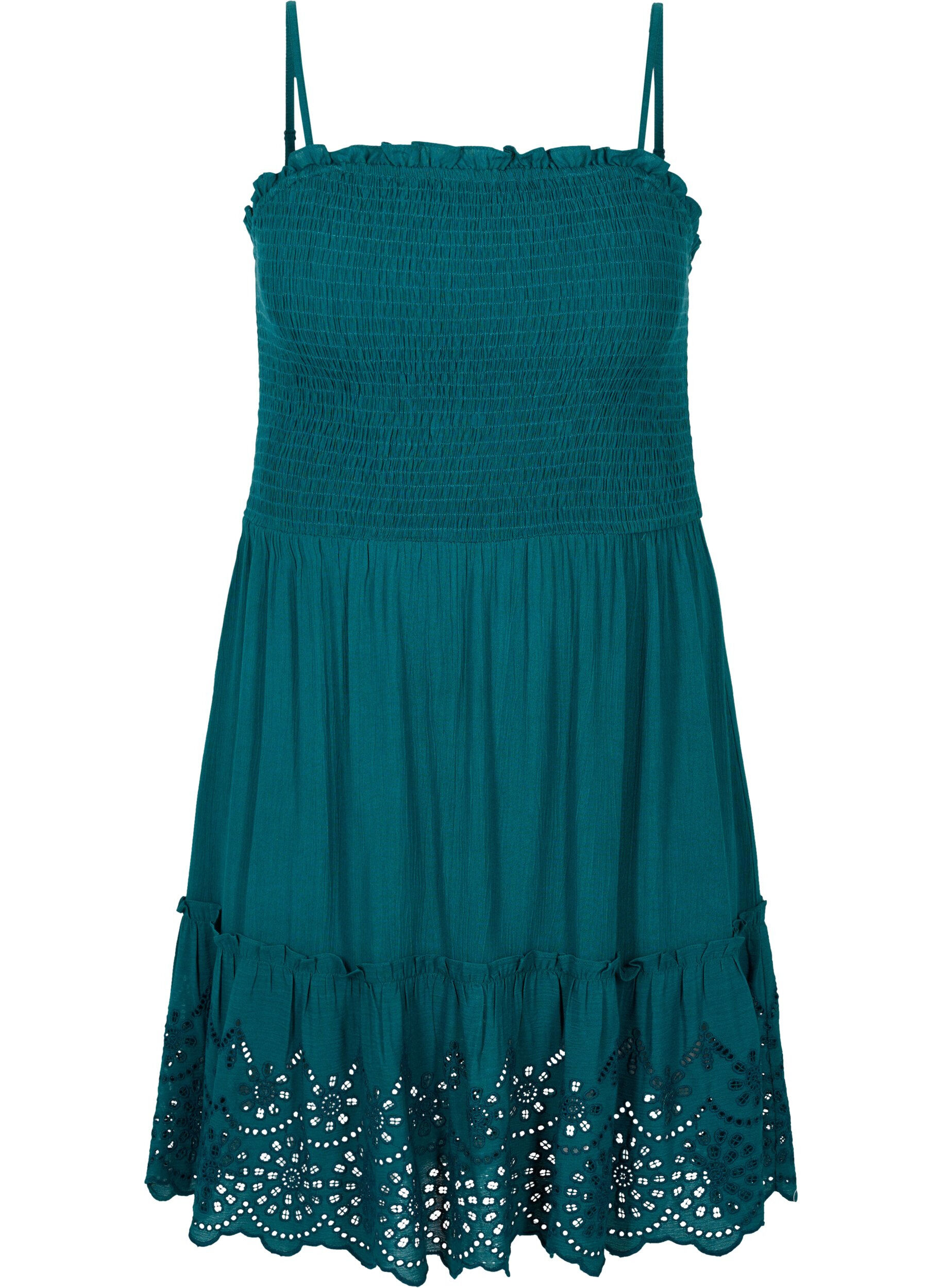 Zizzi Robe de plage &agrave; smocks en viscose avec broderie anglaise, Deep Teal, Packshot image number 0