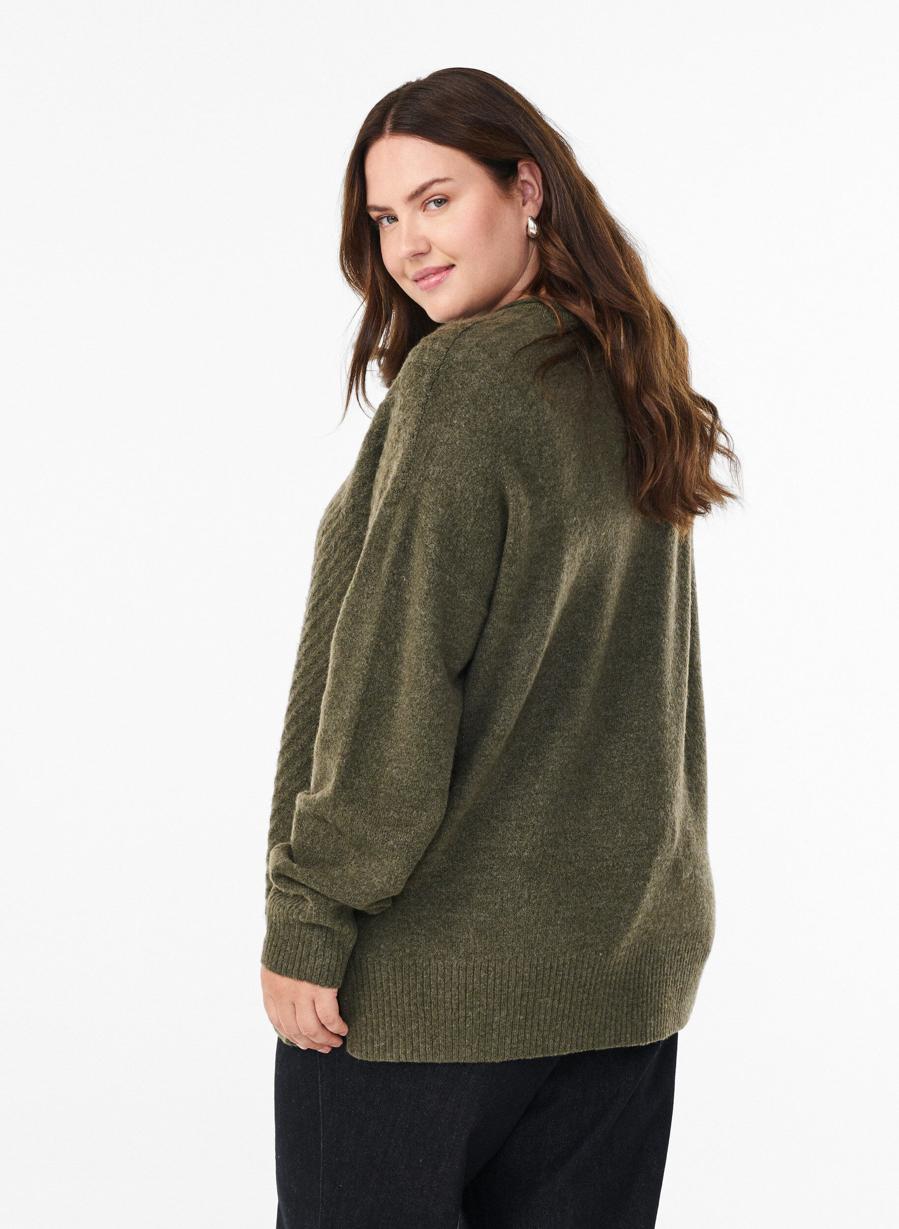 ZizziGebreide blouse met V-vormig geribd patroon en zijsplitjes, Groen, Model image number 2