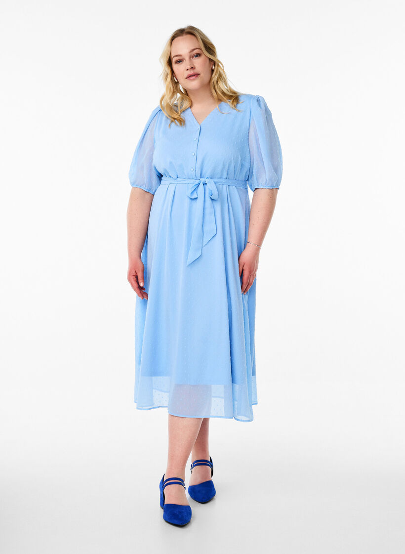 Midi jurk met V-hals en striksluiting, Blauw, Model image number 0