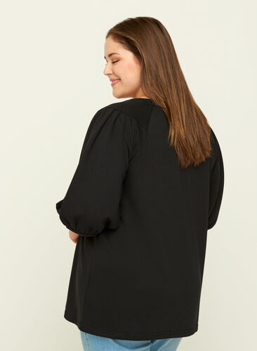Sweat blouse met pofmouwen, Black, Model image number 1