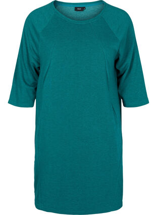 Article en promotion - Robe pull en coton avec poches et manches 3/4, Teal Green Melange, Packshot image number 0