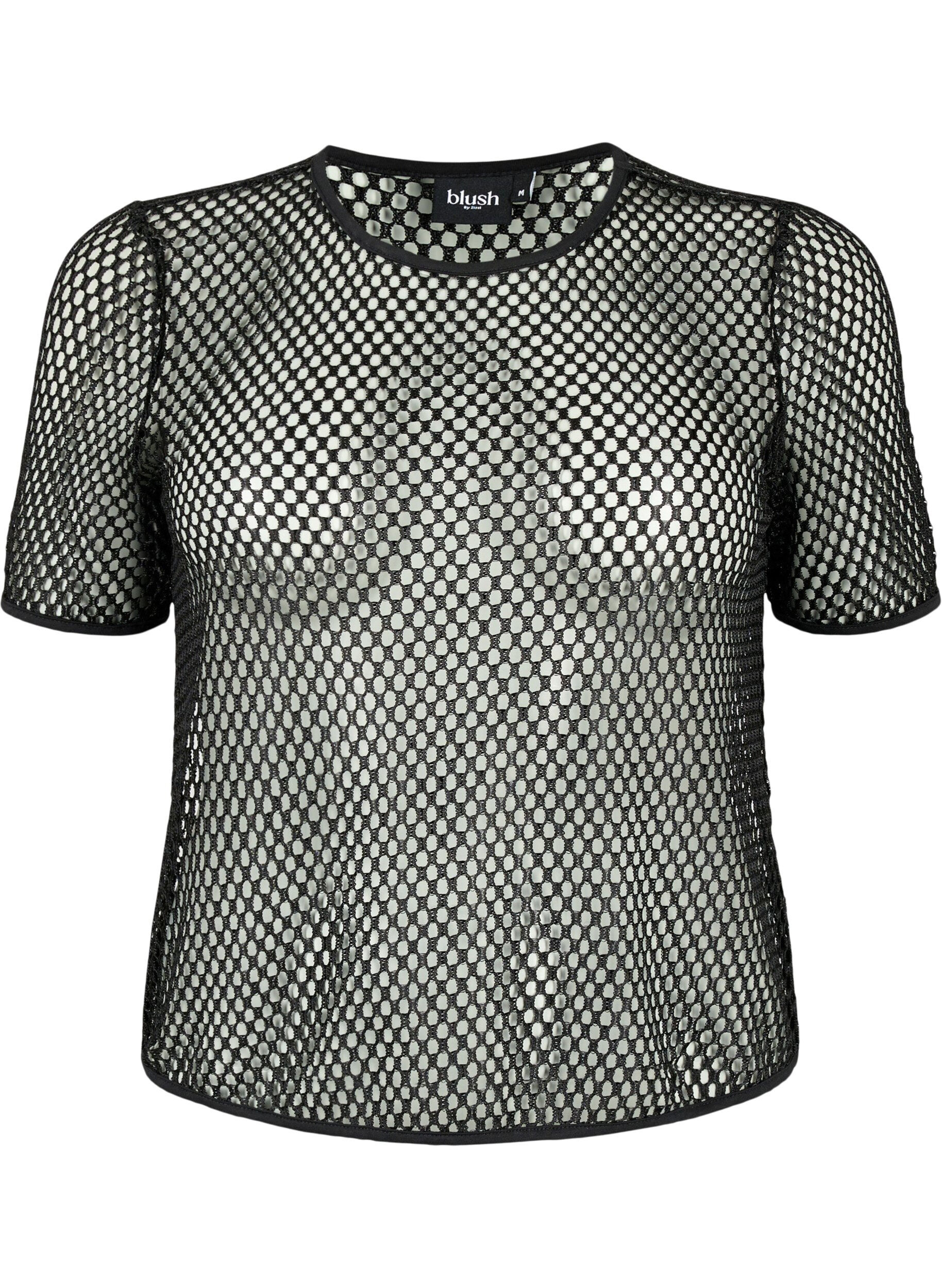 ZizziMesh blouse met korte mouwen, Black, Packshot image number 0