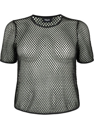 Mesh blouse met korte mouwen, Black, Packshot image number 0