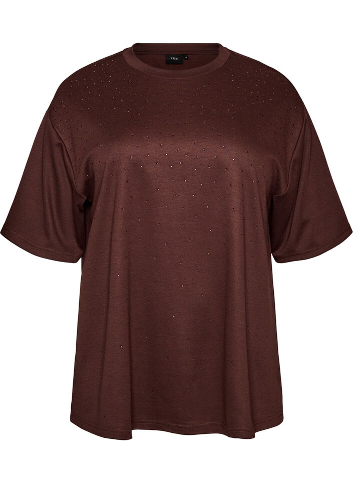 T-shirt met strass-steentjes en ronde hals, Bruin, Packshot image number 0