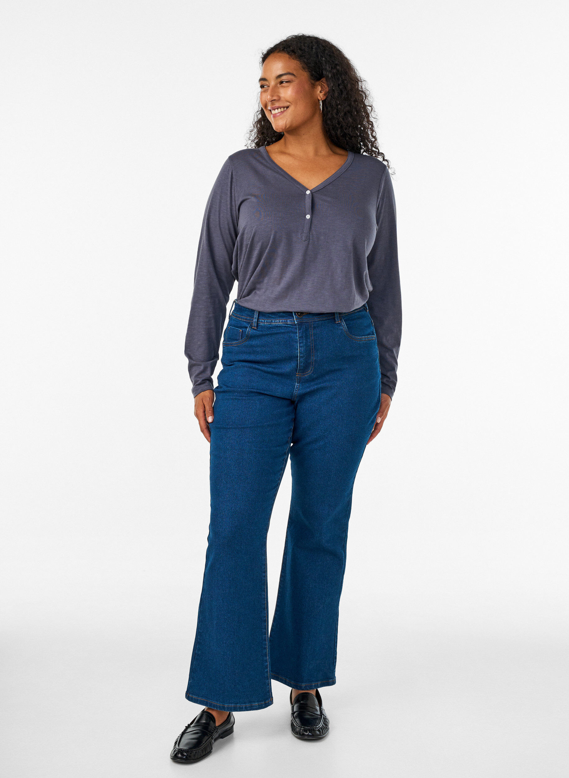 ZizziT-shirt met lange mouwen, V-hals en knopen, Grijs, Model image number 1