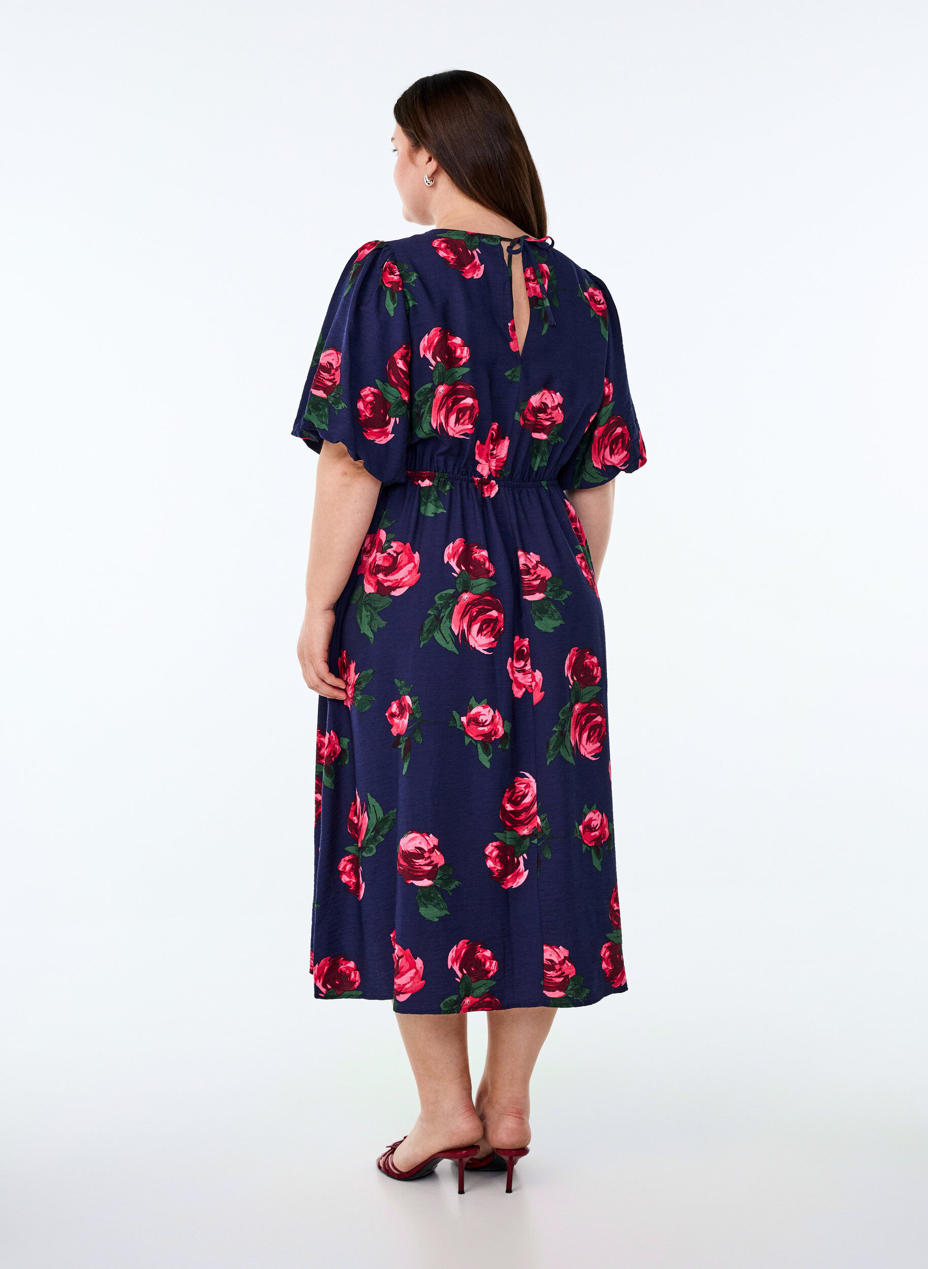 ZizziMidi-jurk met rozenprint en korte ballonmouwen, Blauw, Model image number 2