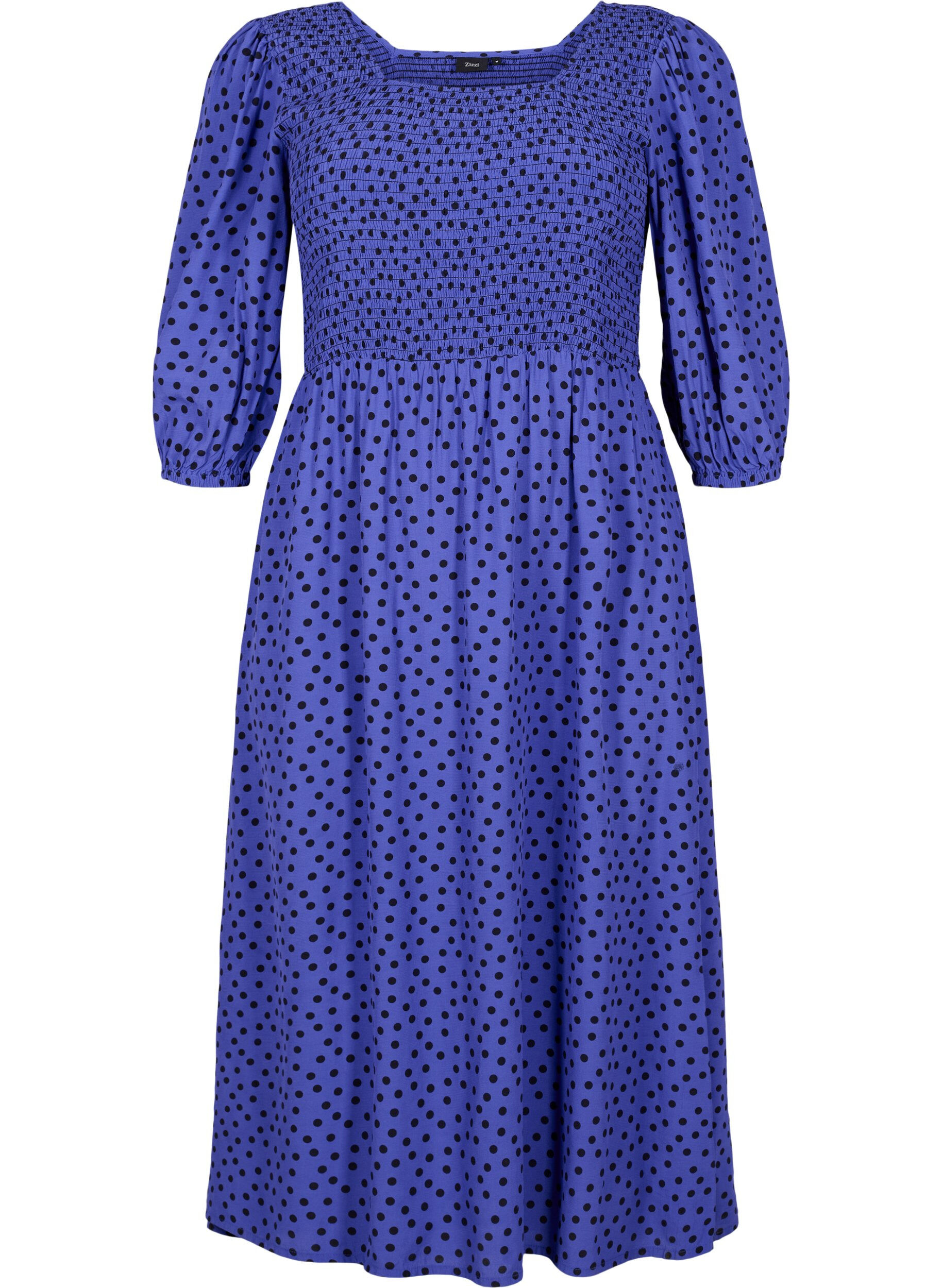 Zizzi Robe en viscose &agrave; pois avec smock, R.Blue w. Black Dot, Packshot image number 0