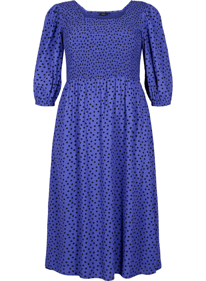 Robe en viscose à pois avec smock, R.Blue w. Black Dot, Packshot image number 0