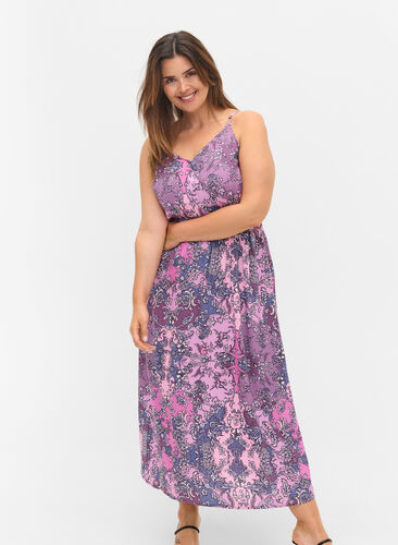 Mouwloze viscose midi-jurk met paisley print, Purple Paisley, Model image number 0