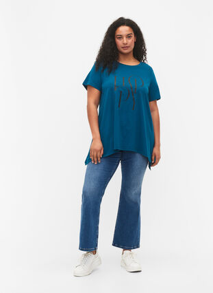 T-shirt en coton avec imprimé de texte, Blue Coral HAPPY, Model image number 2
