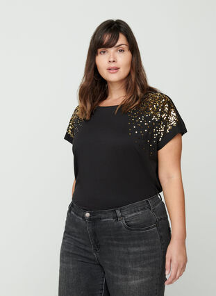 T-shirt met korte mouwen en pailletten , Black, Model image number 0