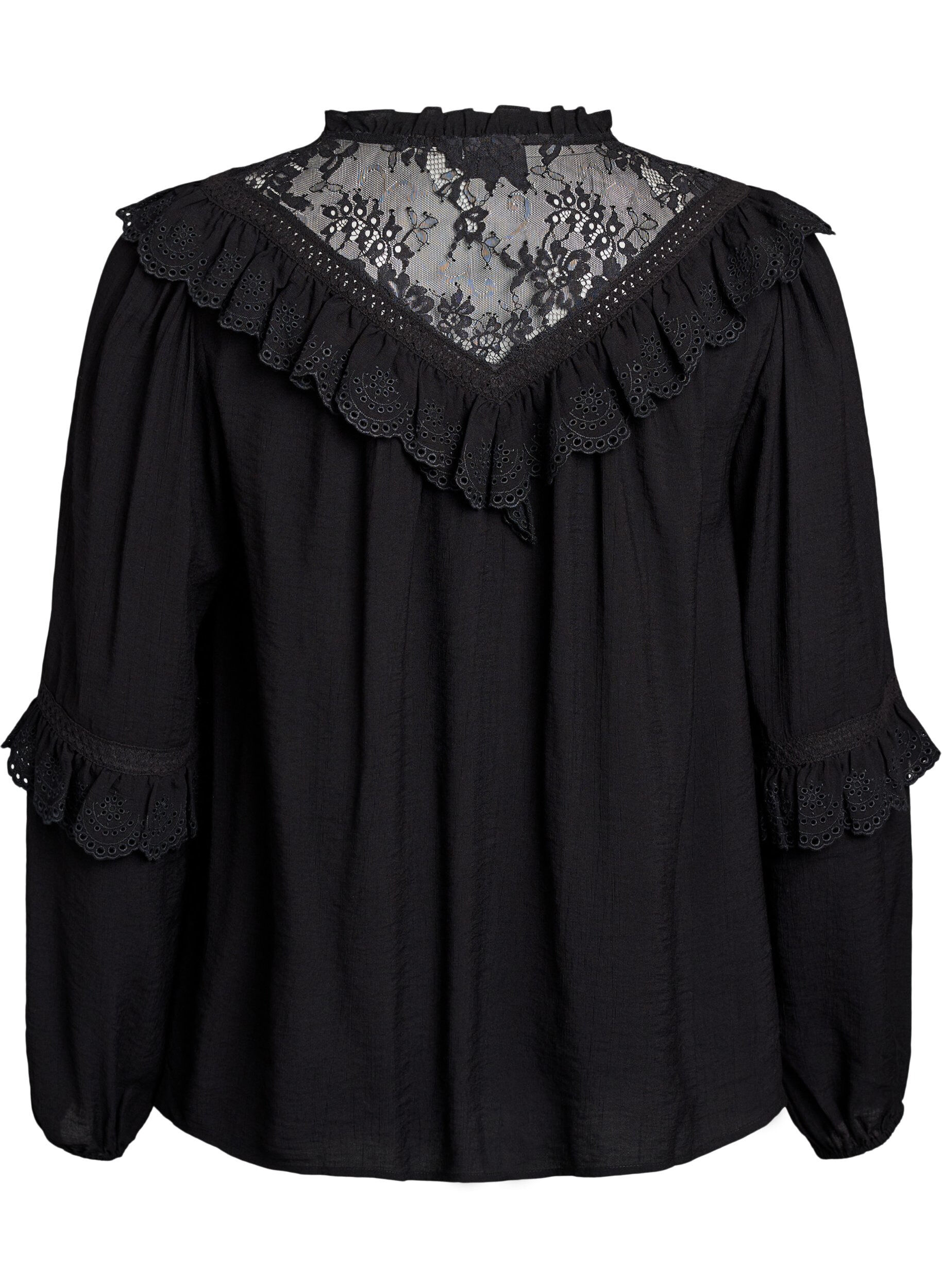 Zizzi Blouse en viscose avec dentelle et volants, Noir, Packshot image number 1