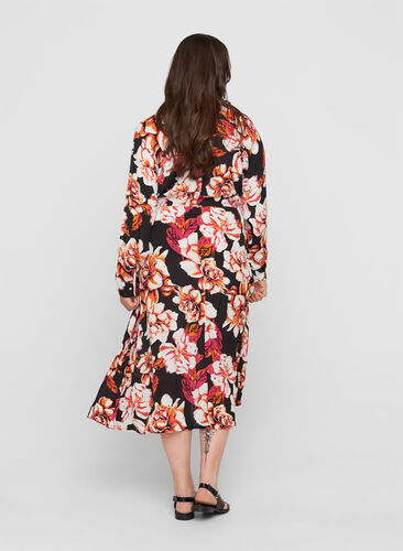 Viscose midi-jurk met bloemenprint, Black Big Flower, Model image number 1